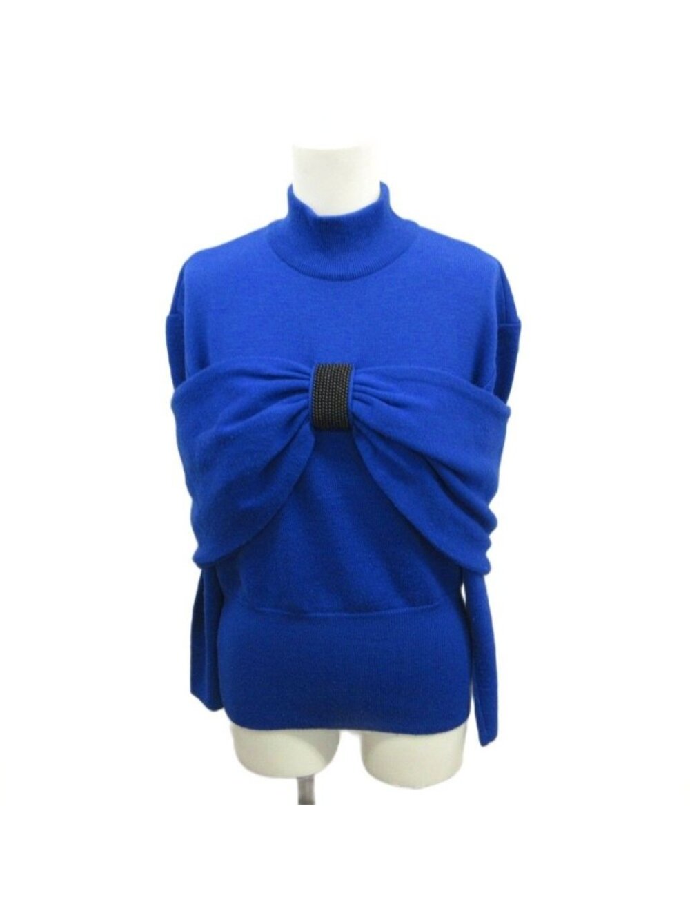 Dior Pret-a-Porter Vintage Knit Sweater Wool High Neck Ribbon Blue Bijou Long M